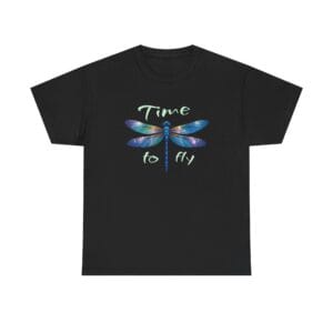 Black inspirational unisex tee with dragonfly graphic – front view